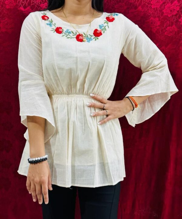 Short Khadi Kurti with neckline flower design